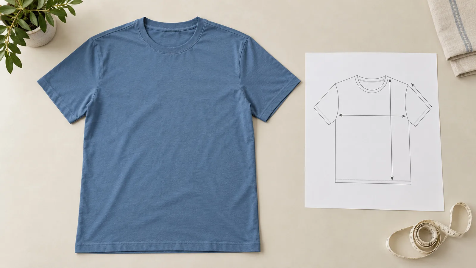 Zwykły T-shirt ułożony płasko obok szkicu pomiarowego odzieży