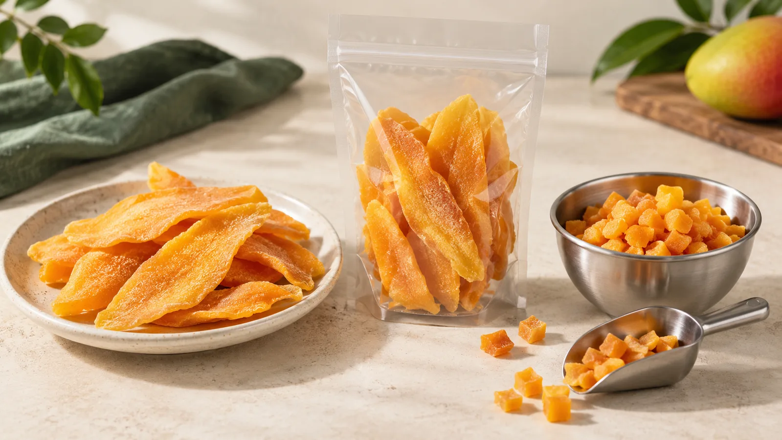 Porównanie suszonych plasterków mango i mango pokrojonego w kostkę w dwóch specyfikacjach produktu
