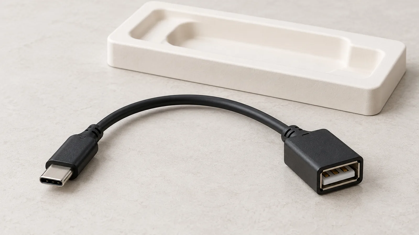 Ogólny kabel adaptera USB z obydwoma końcami złącza widocznymi na neutralnej powierzchni kontrolnej