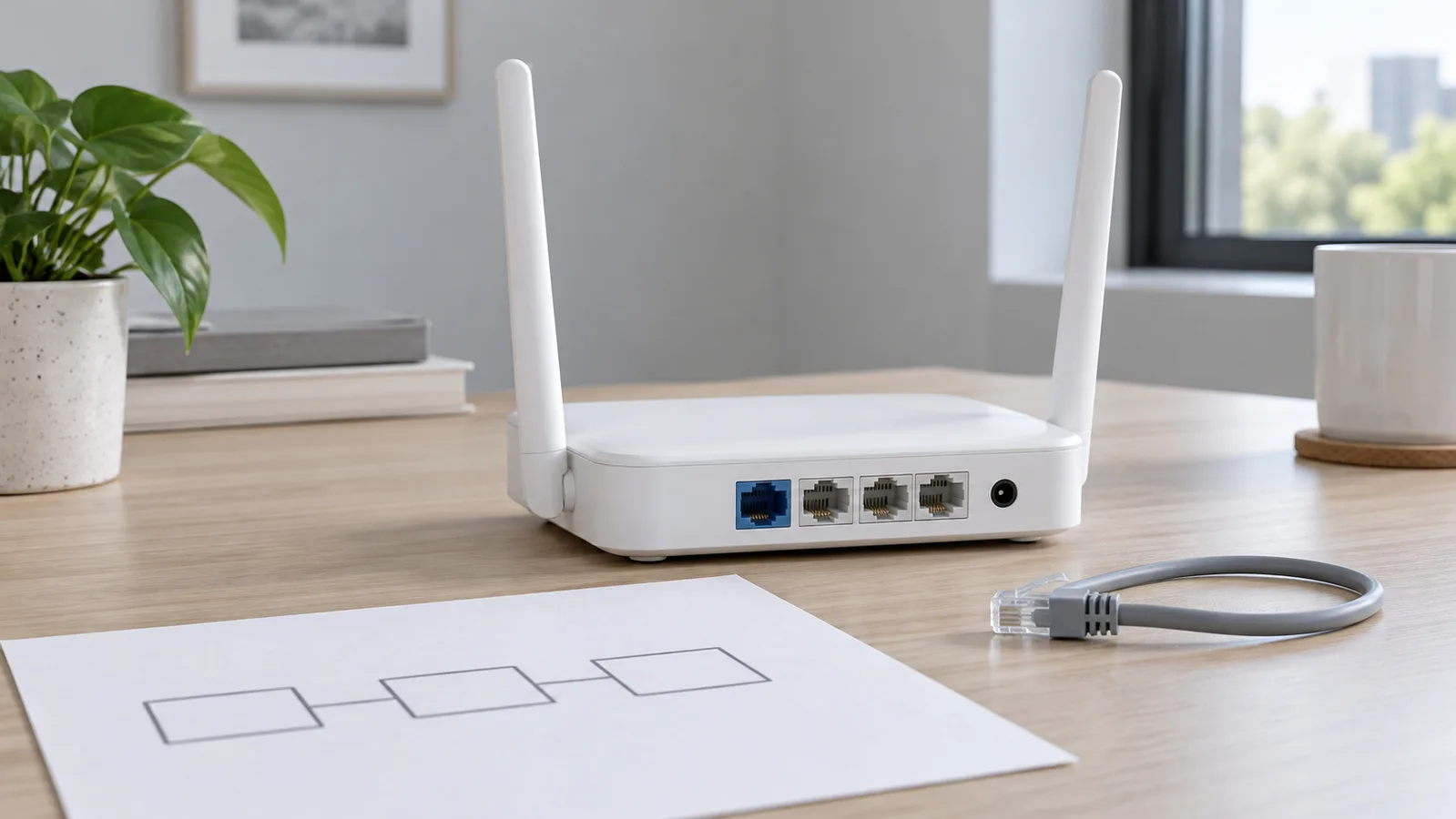 Niemarkowy biały router Wi-Fi do komputerów stacjonarnych z widocznymi tylnymi portami Ethernet obok prostego szkicu sieci