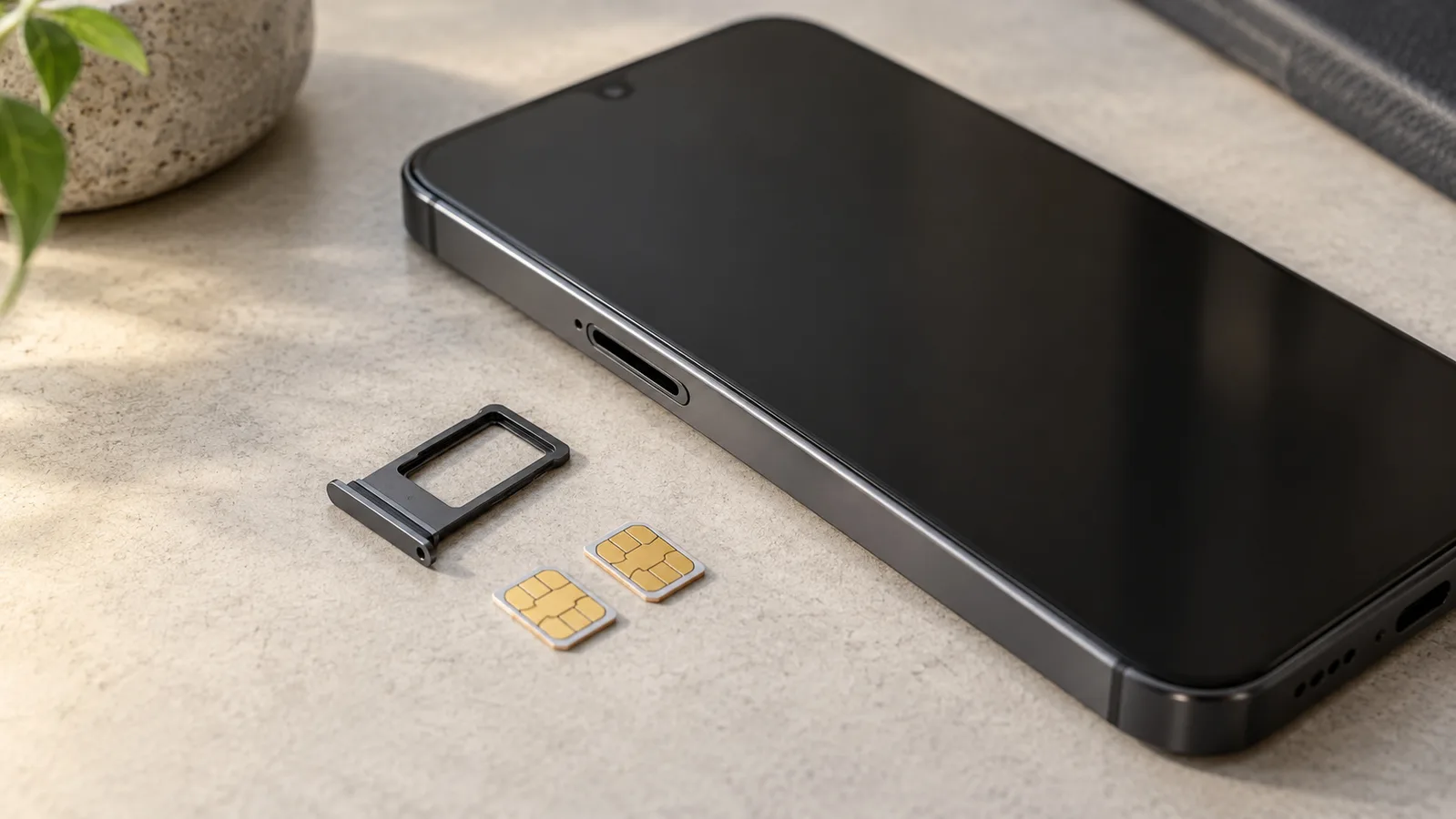 Niemarkowy smartfon obok oddzielnej kieszeni na kartę SIM i dwóch kart SIM, ilustrujący obsługę kart fizycznych